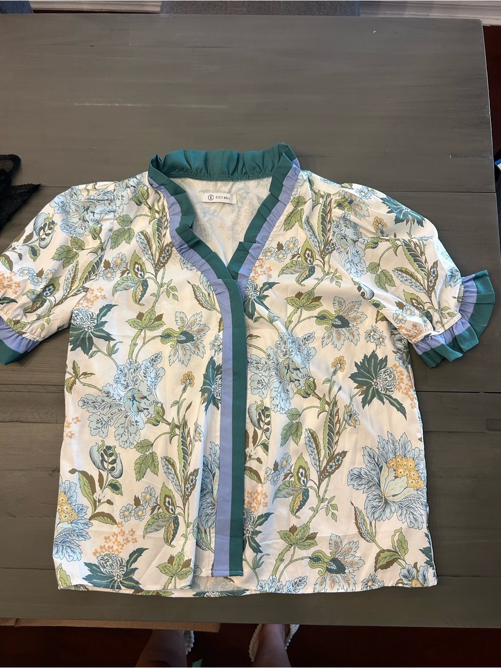 Floral Ruffle-Trim Button Down Shirt - Teal & Cream